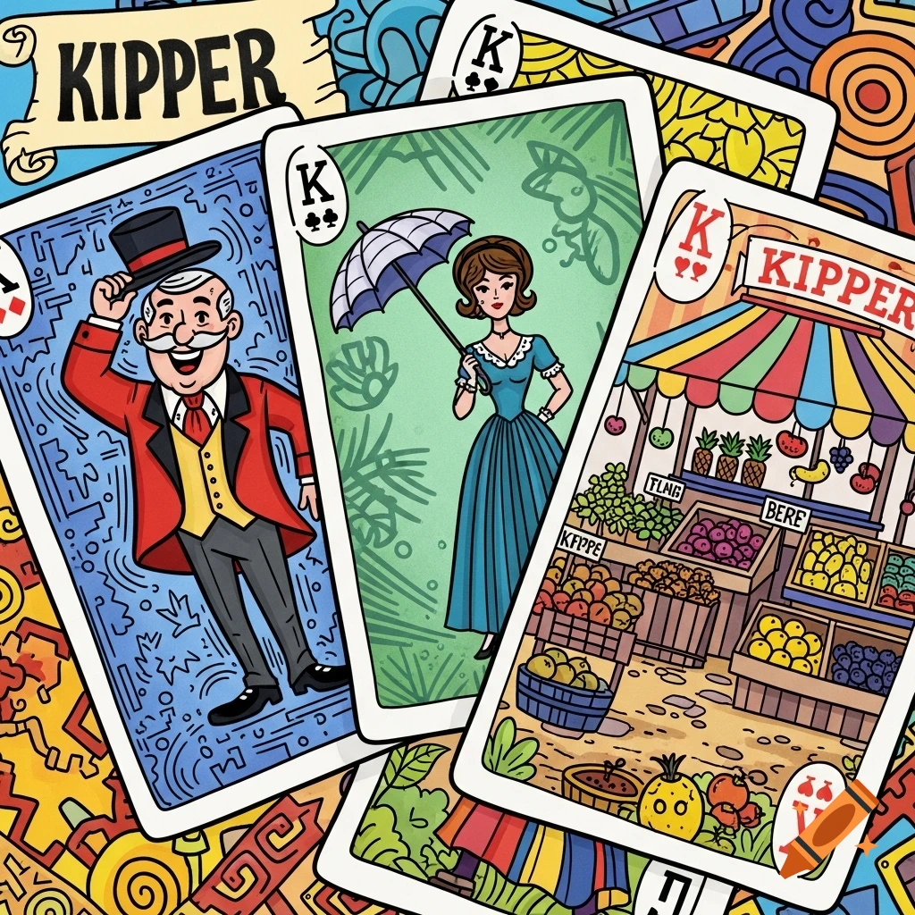 Three cartoon-style playing cards featuring a man in a top hat, a woman with an umbrella, and a fruit stand, overlapping on a colorful, patterned background. The cards have 'K' symbols in the corners.
