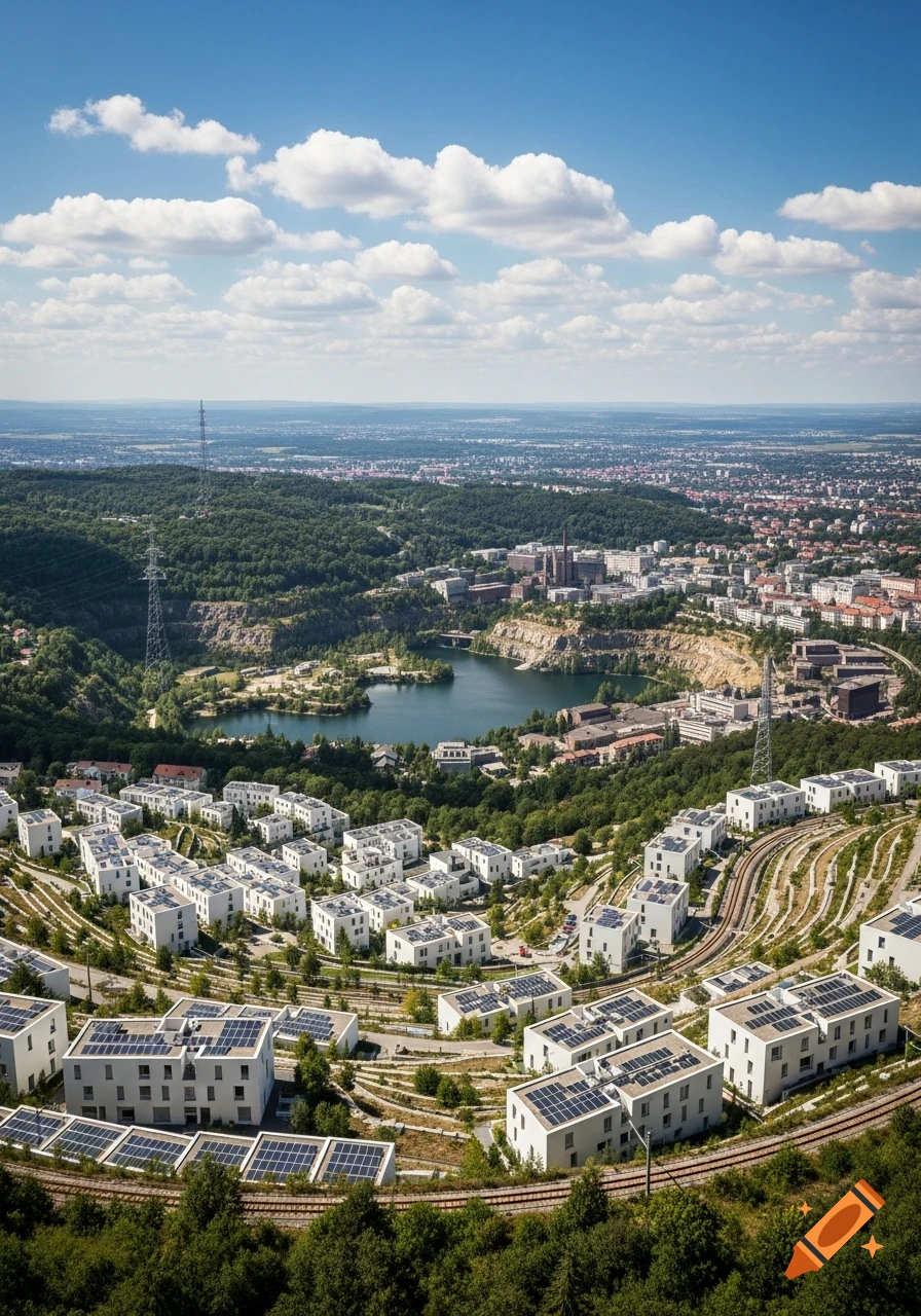 Aerial view of a sustainable city with white cubic houses, solar panels, a lake, and forests under a blue sky.