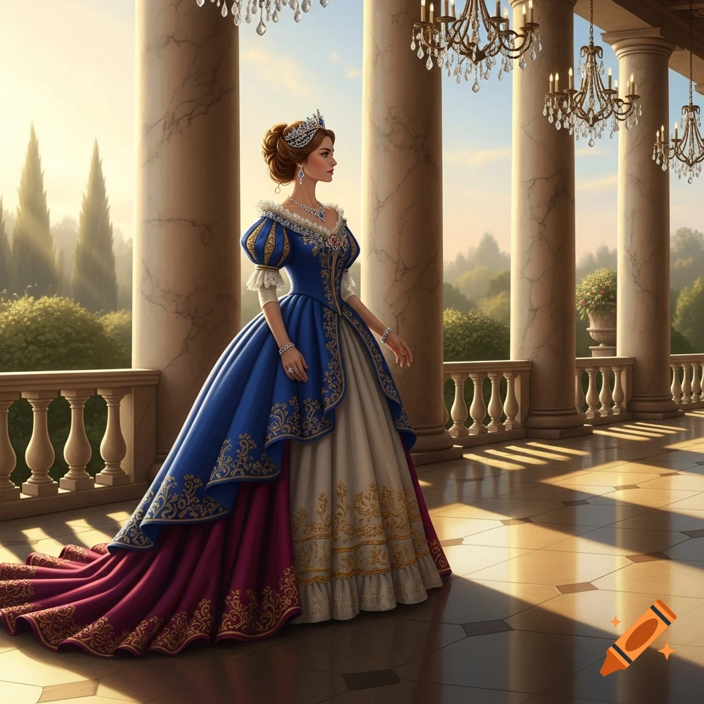 A woman in a blue and gold royal gown with a long train stands on a grand palace balcony with marble columns and chandeliers.