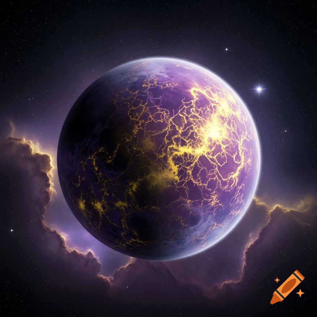 A vibrant purple planet with glowing yellow patterns on its surface, against a dark cosmic background with stars and nebulae.