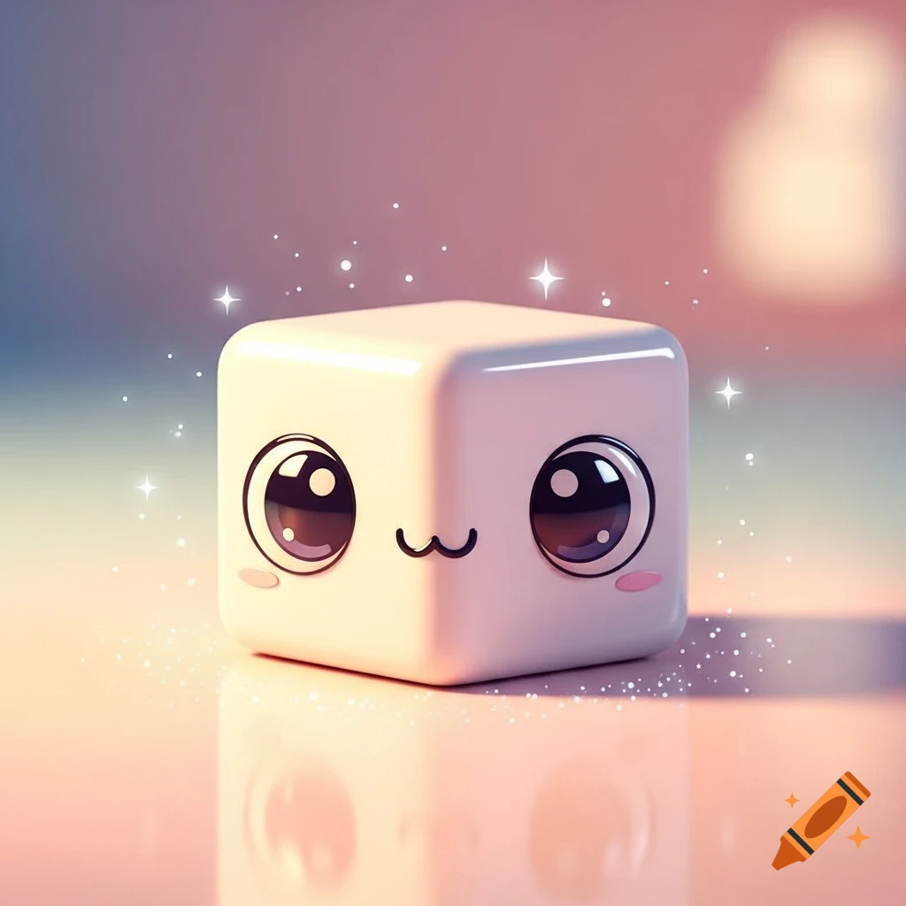 A cute, sparkling white cube character with large, round eyes and a small mouth, standing on a reflective surface against a soft pastel background.