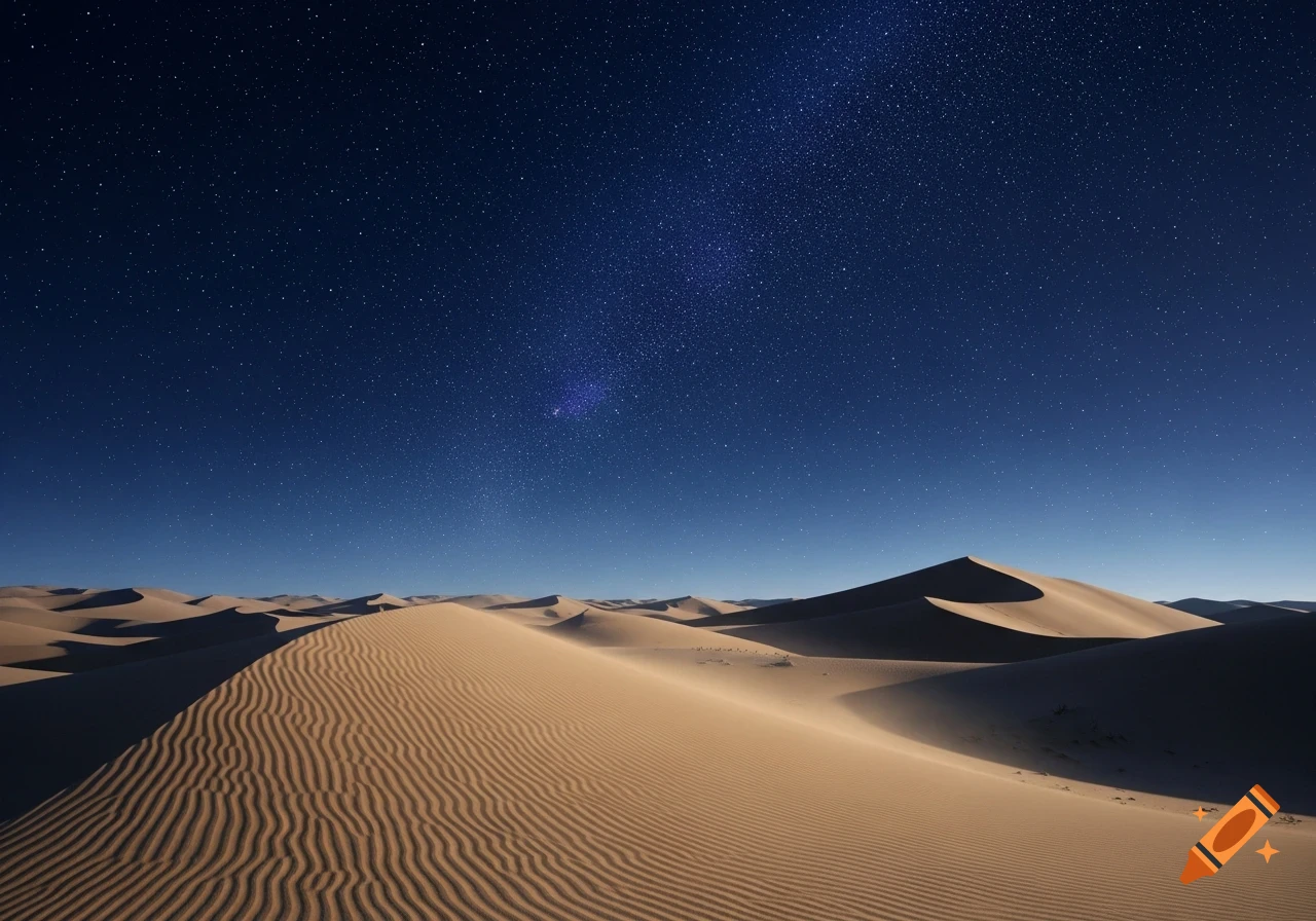 A photorealistic image of vast sand dunes in a desert under a dark blue night sky illuminated by countless bright stars and a faint Milky Way.
