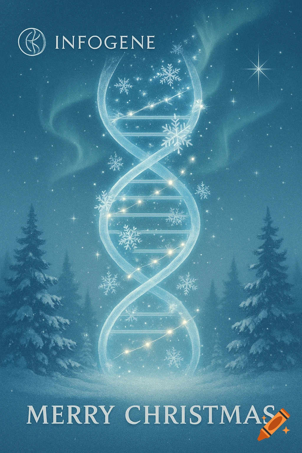 A glowing blue DNA helix stands in a snowy forest at night, adorned with snowflakes. Text reads 'INFOGENE' and 'MERRY CHRISTMAS' on a blue background.