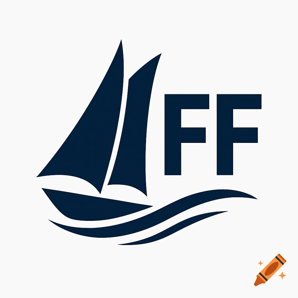 A dark blue logo featuring a stylized sailboat with two sails above wavy lines, and the capital letters 'FF' on a white background.