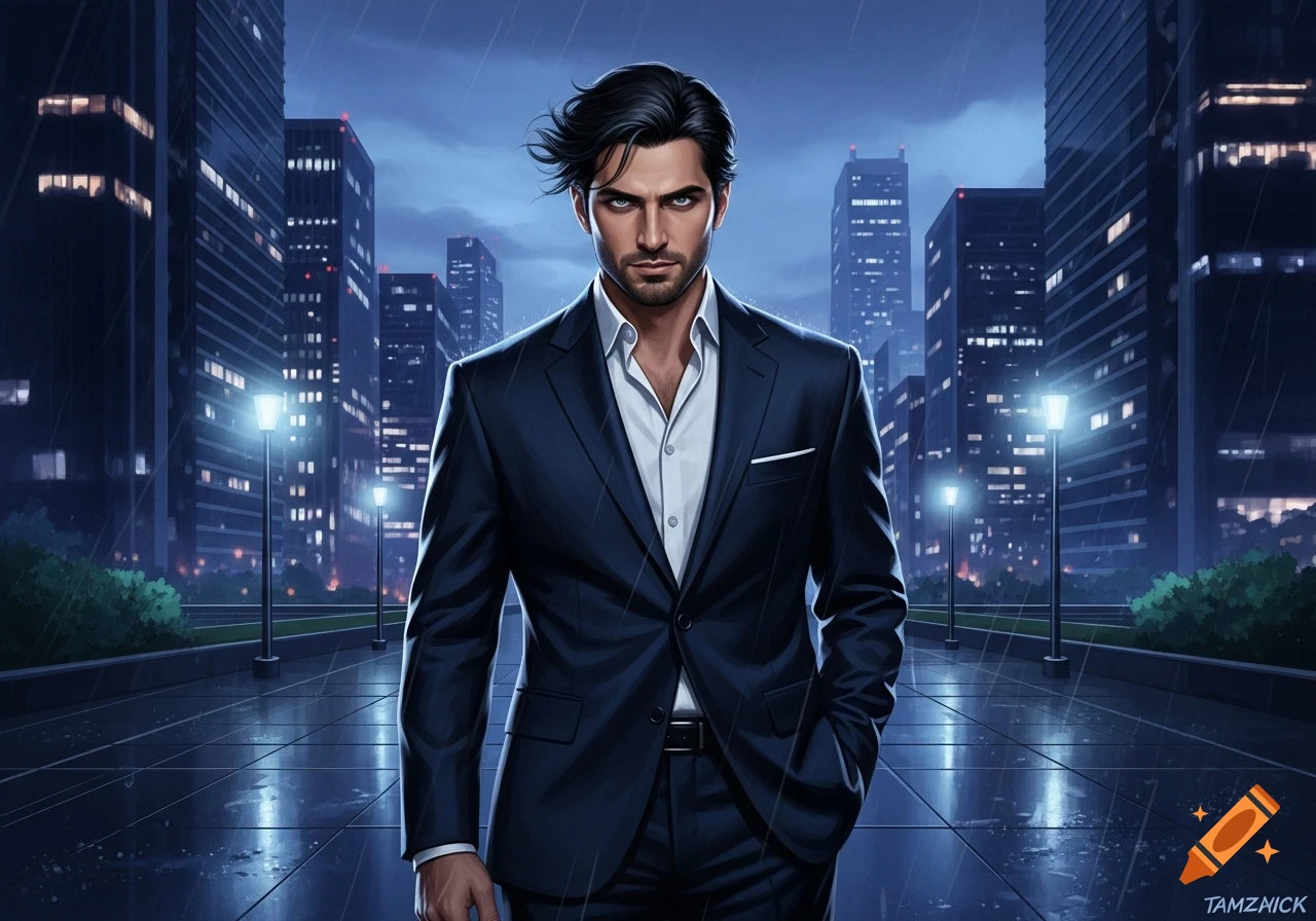 Stylized illustration of a confident man in a dark suit standing on a rainy city street at night, with bright streetlights and tall buildings.