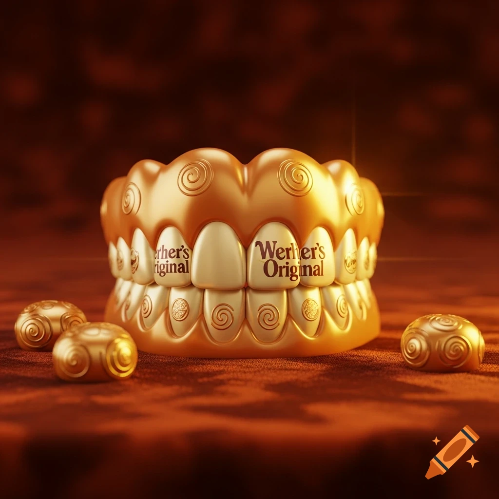 Golden dentures with 'Werther's Original' text on the teeth, surrounded by golden candies with spiral patterns, on a warm brown surface.