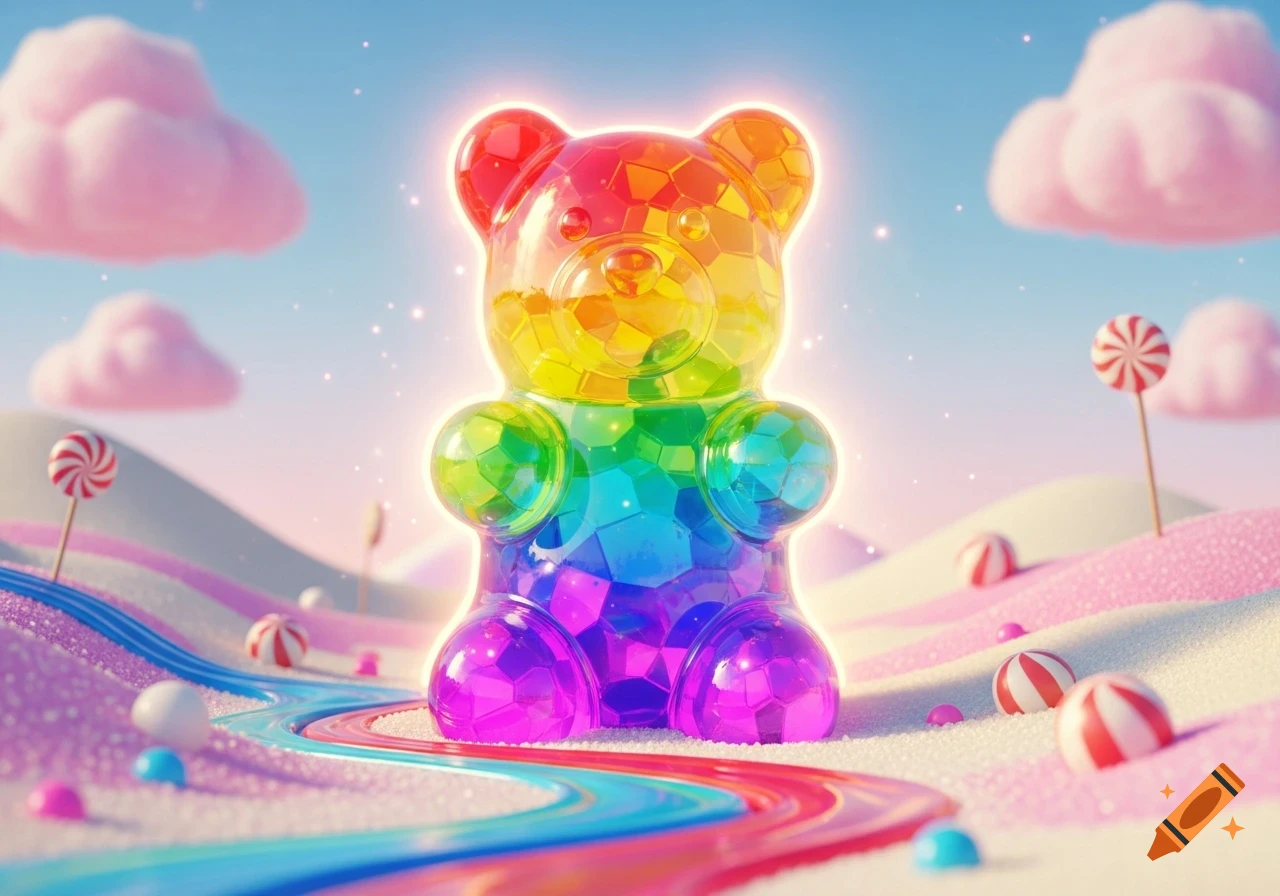 A vibrant, translucent rainbow-colored gummy bear stands in a whimsical candy land with lollipops, sugar hills, and a colorful candy river under pink clouds.