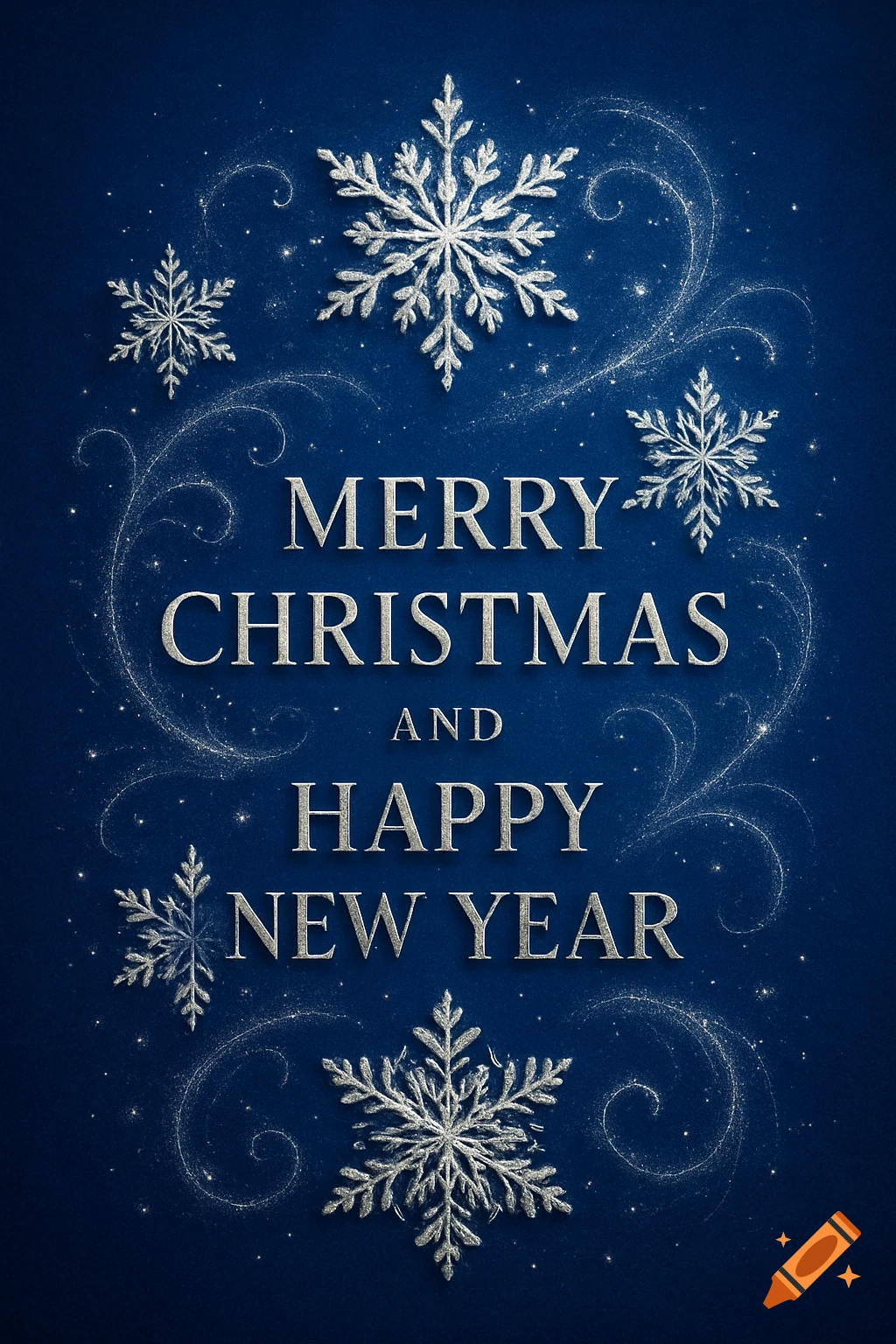 Silver 'Merry Christmas and Happy New Year' text on a dark blue background with sparkling snowflakes and glitter.