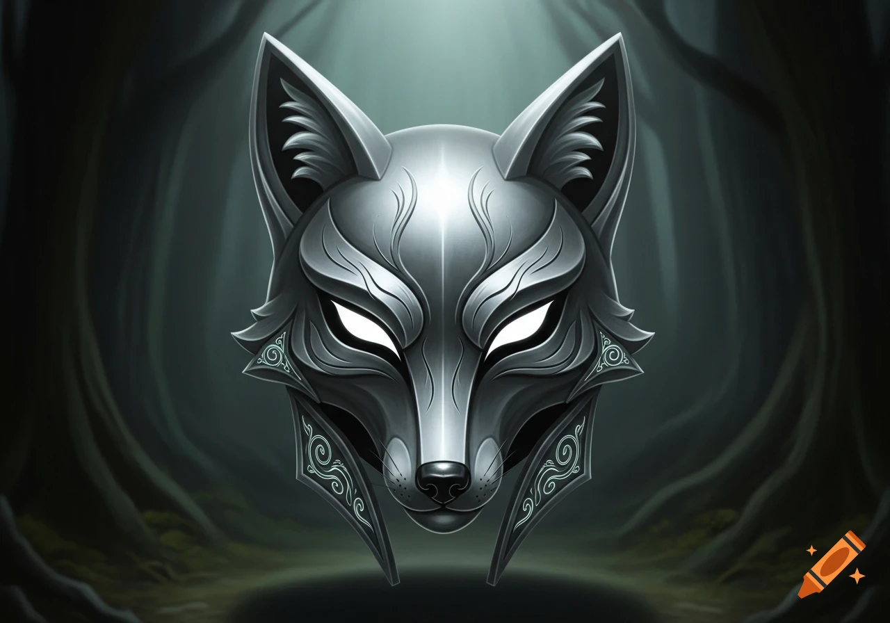 A stylized silver fox mask with glowing white eyes and intricate patterns, set against a dark, mystical forest background.