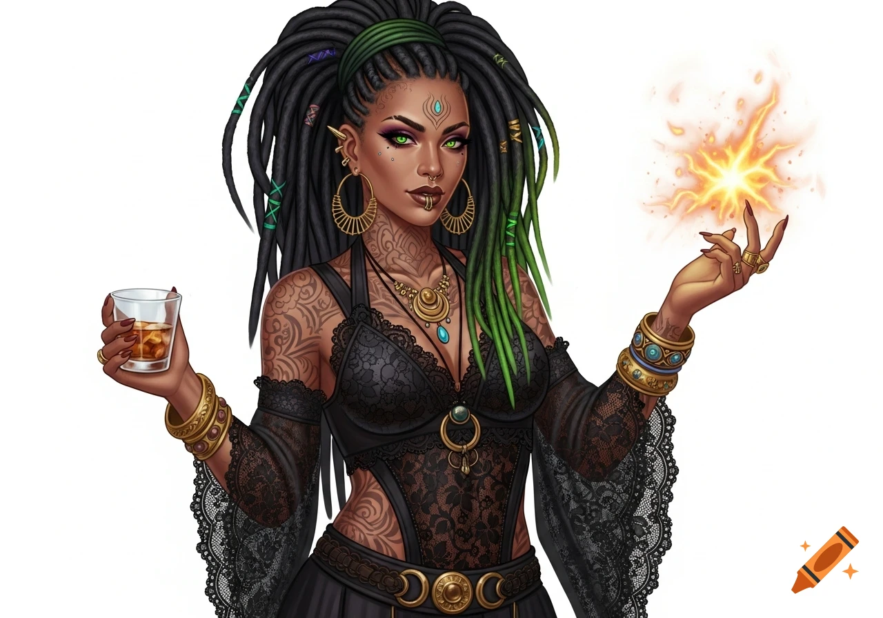 A fantasy illustration of a witch with dreadlocks, tattoos, and green eyes, holding a drink and conjuring magic.