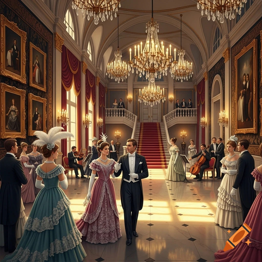 A grand Gilded Age ballroom filled with elegantly dressed people socializing and dancing under glittering chandeliers.