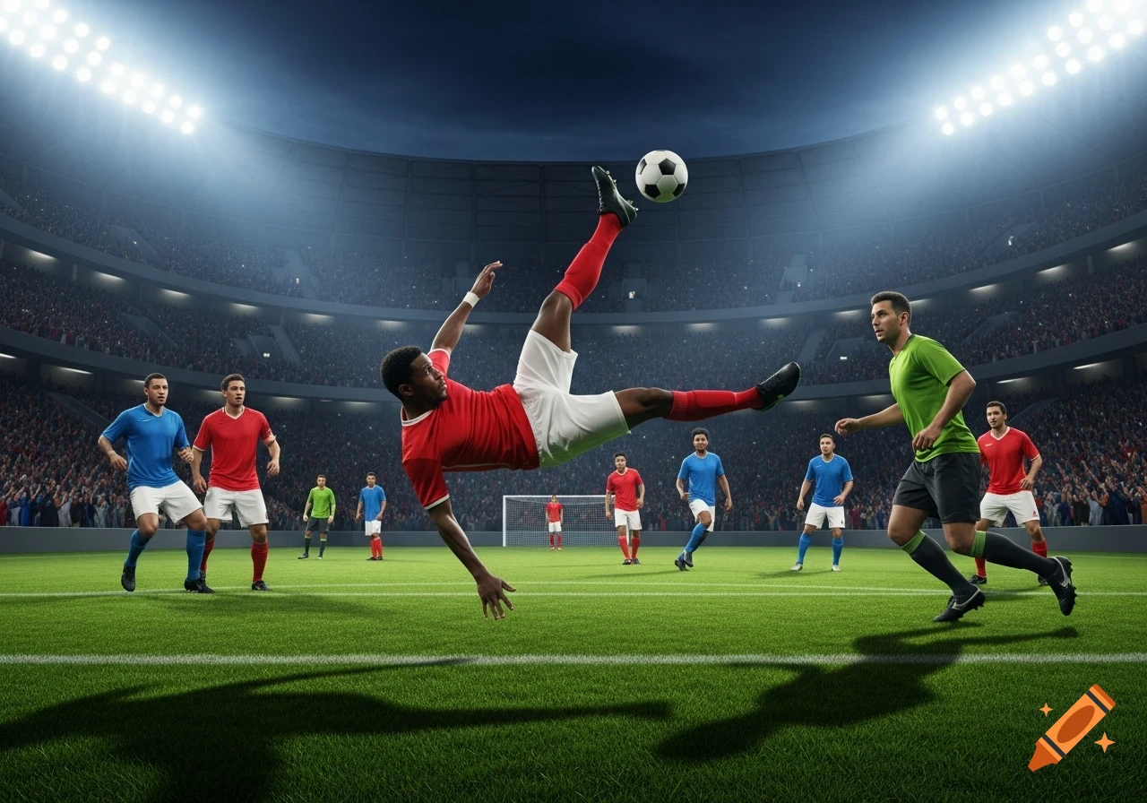 A soccer player in a red jersey performs a bicycle kick during a match in a brightly lit stadium.