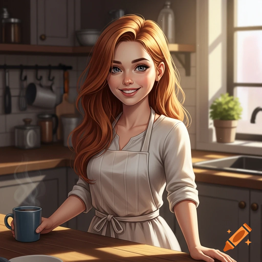 An illustrated smiling young woman with red hair and blue eyes, wearing an apron and holding a steaming mug in a kitchen.