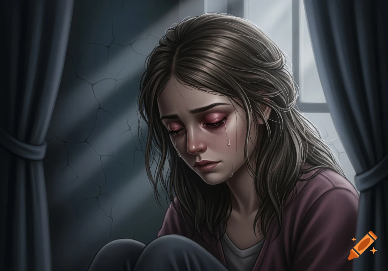 Digital art portrait of a sad woman with red puffy eyes crying, sitting in a dimly lit room with a window.