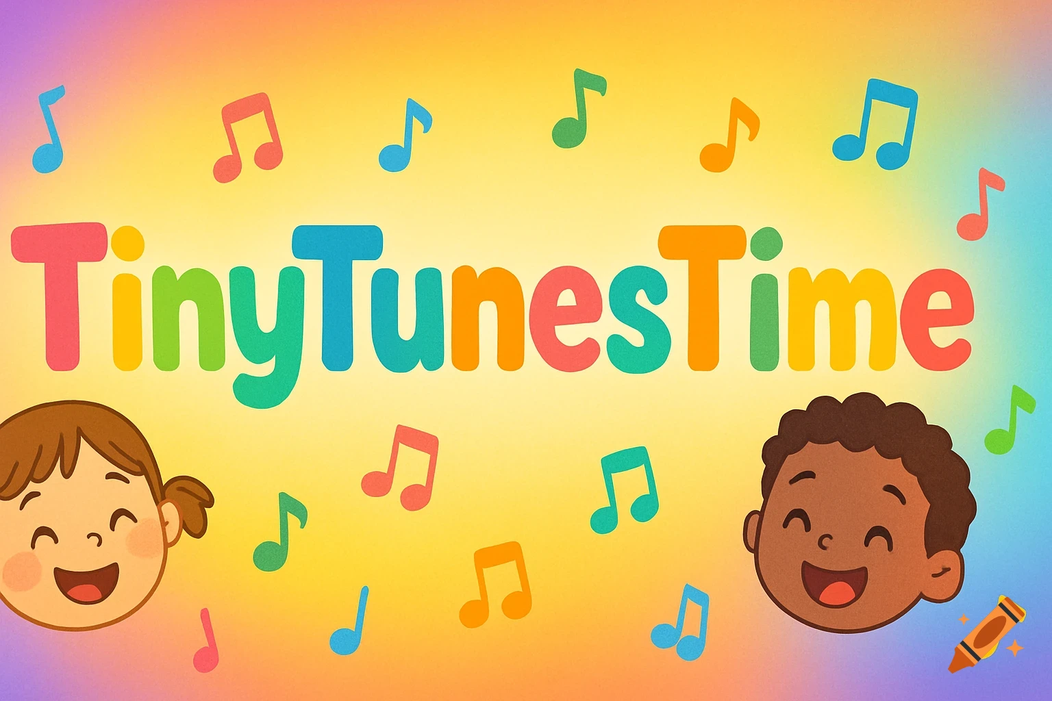 Colorful banner for "TinyTunesTime" with two happy cartoon children's faces, musical notes, and a rainbow gradient background.