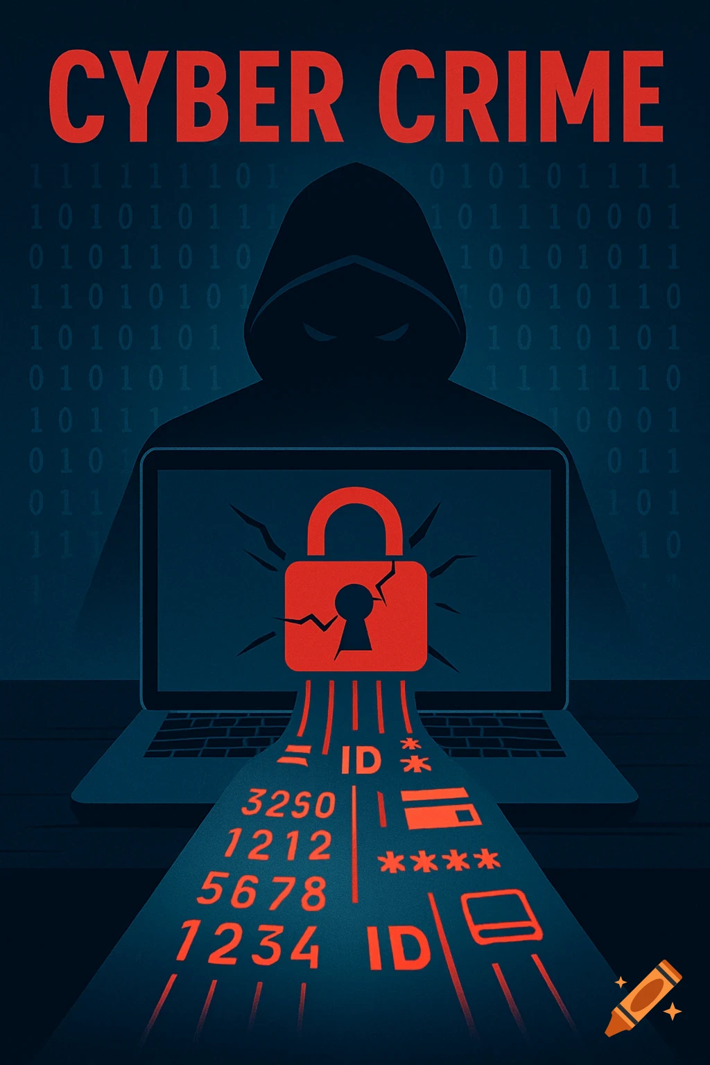 Digital illustration of a hooded hacker silhouette behind a laptop with a broken lock on screen, leaking personal data and numbers.