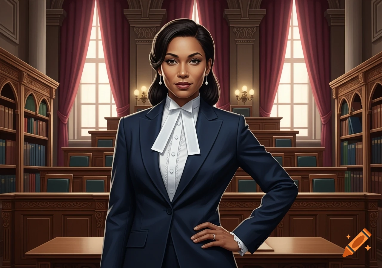 A professional woman in a dark suit and legal tabs stands in a grand courtroom with wooden benches and bookshelves.