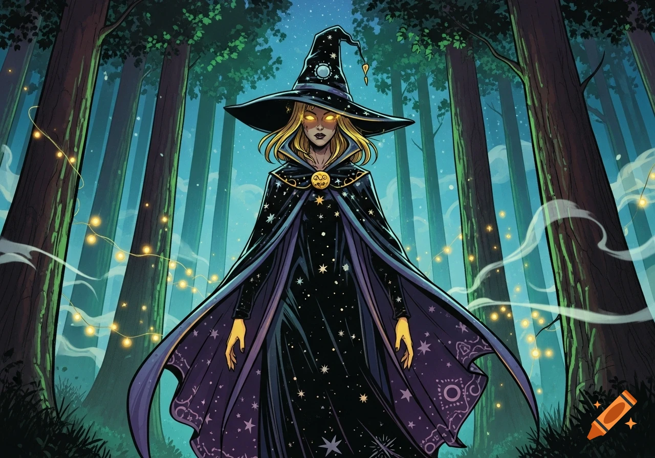 Comic art of a blonde witch with glowing eyes, wearing a starry cape and hat, standing in a magical forest with fairy lights.