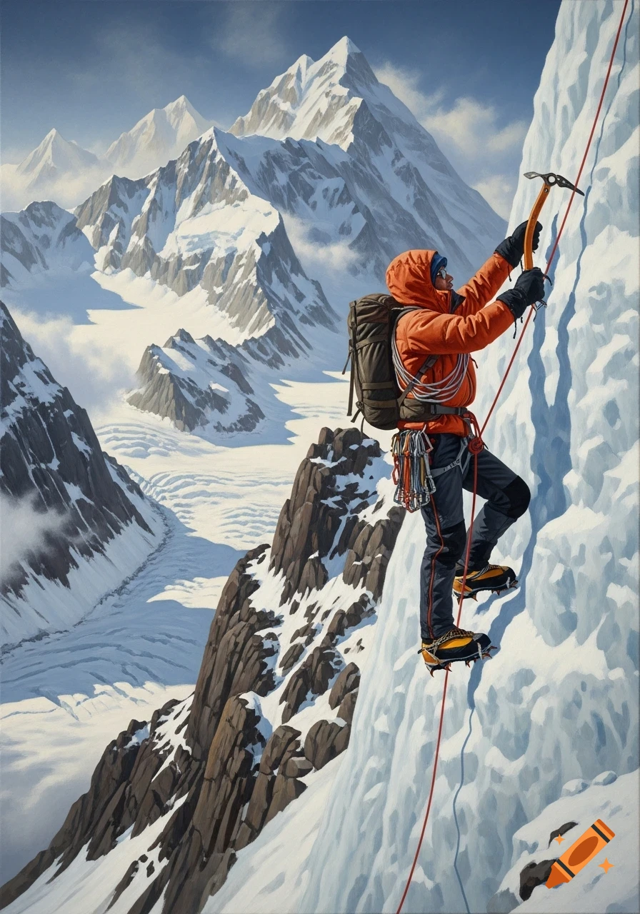 An oil painting of a mountain climber ascending a steep, icy mountain face, surrounded by snow-capped peaks.