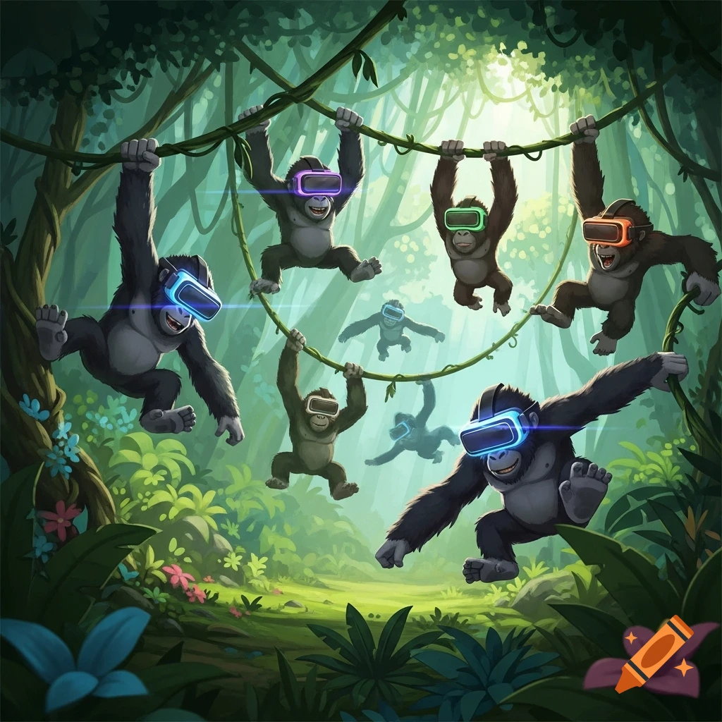 Cartoon gorillas wearing colorful VR headsets swing on vines and jump through a lush jungle.