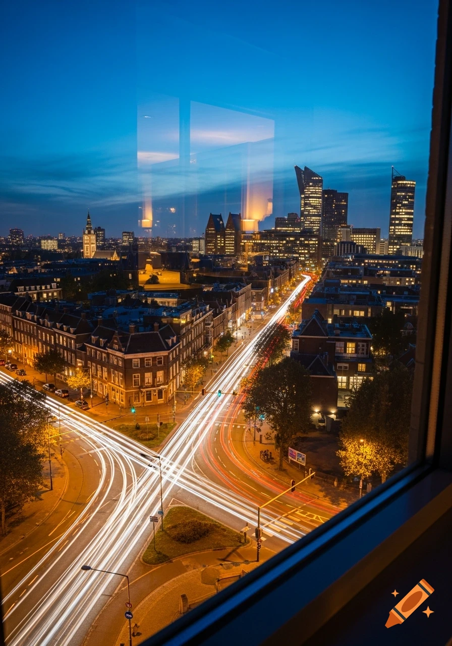High-angle view of a city at night from a window, featuring long exposure light trails from cars on winding roads and illuminated buildings.