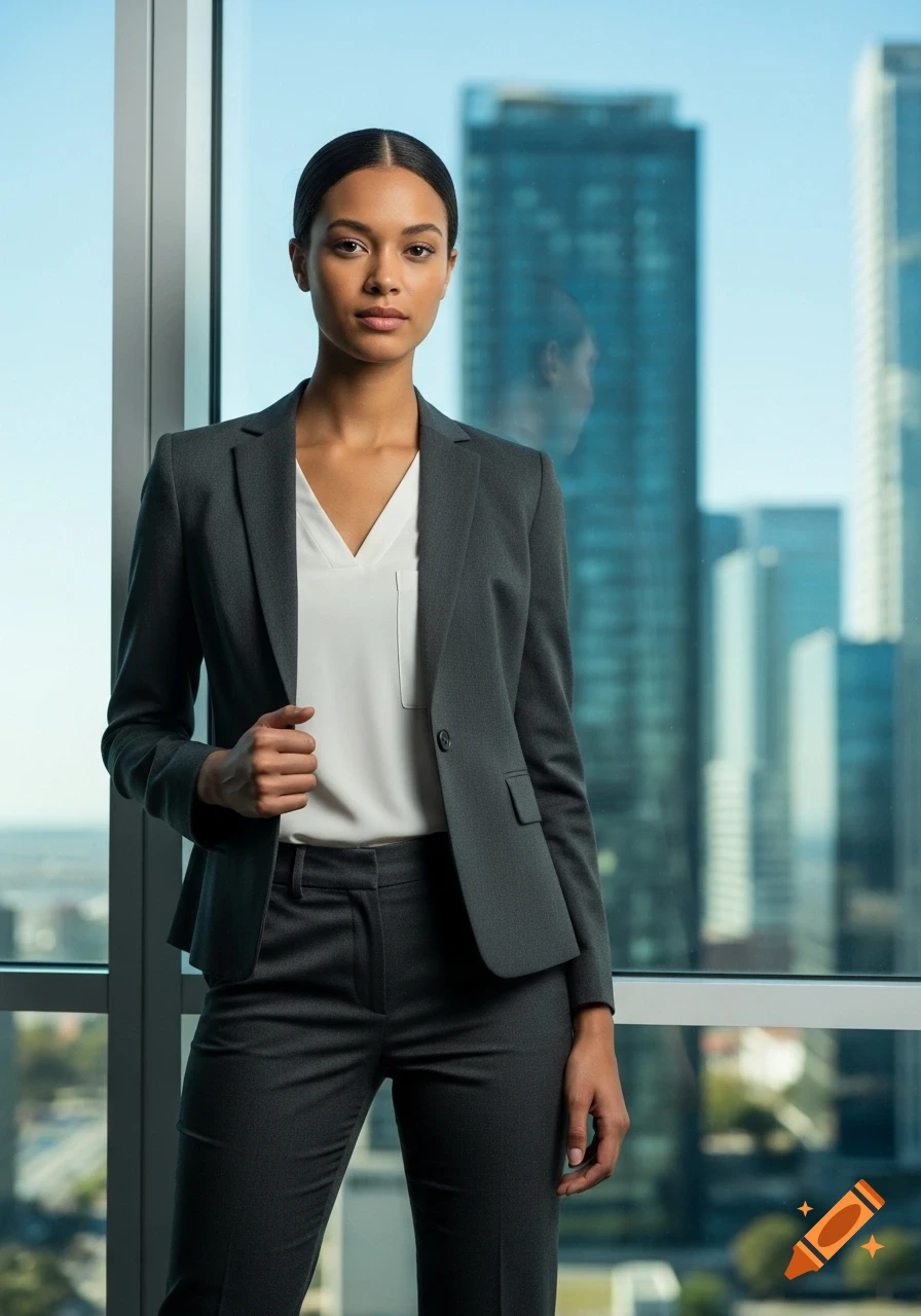 A professional woman in a dark gray suit and white blouse stands in front of a large office window with city skyscrapers in the background.