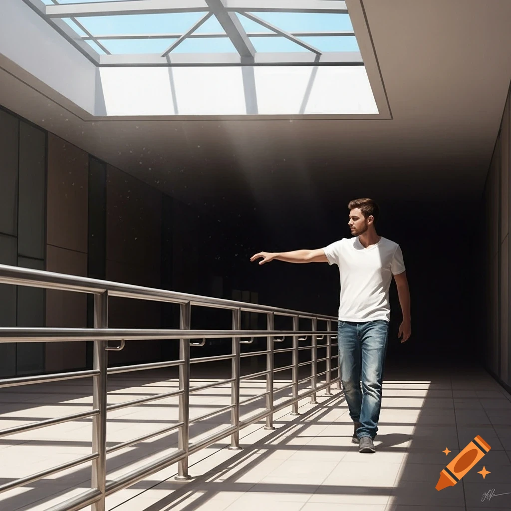 A man in a white t-shirt and jeans walks down a modern corridor, reaching out towards a metal railing, under a skylight casting strong light and shadow.