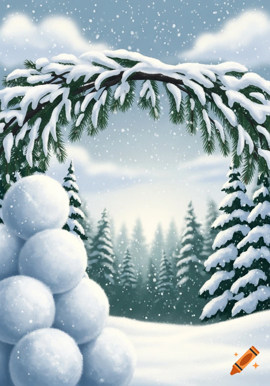 A pile of snowballs in a snowy winter forest under an arch of snow-covered pine branches, with falling snow.