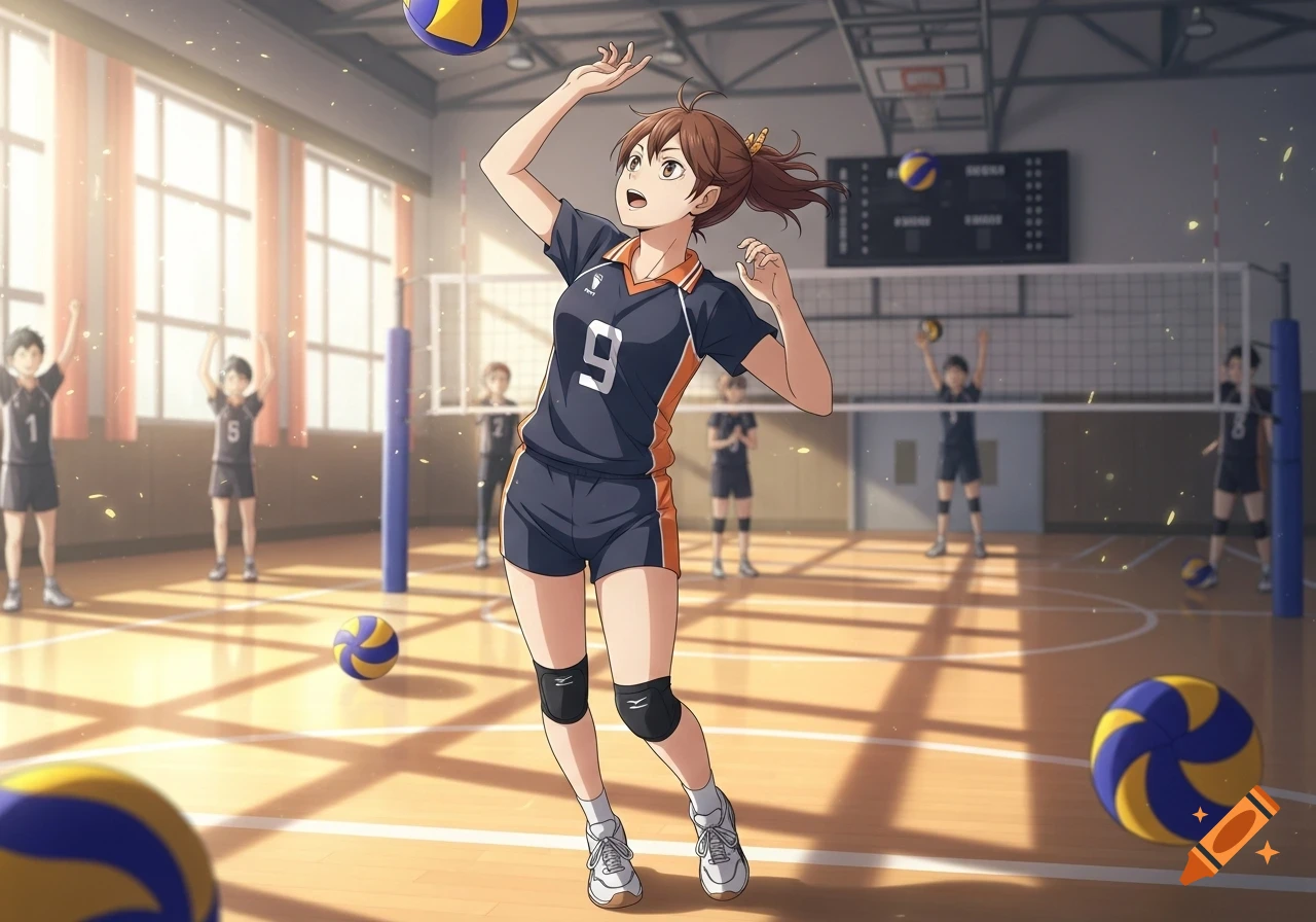 Anime girl in a volleyball uniform preparing to serve on a court, with other players in the background.