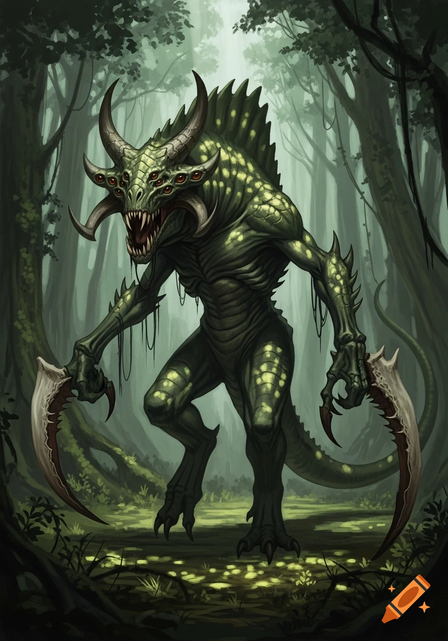 A green monstrous creature with multiple eyes, horns, sharp teeth, scythe-like arms, and a ridged back, standing in a lush forest. Digital painting.