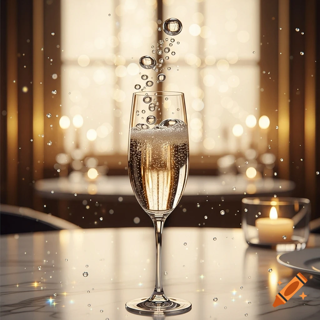A champagne flute filled with sparkling wine, bubbles rising, against a warm, blurred background with lights and a candle.