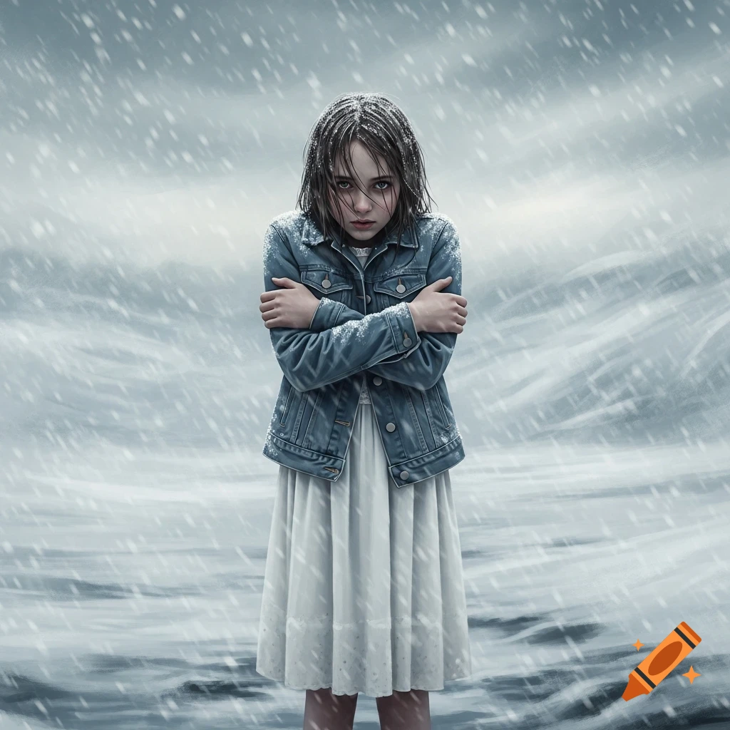 A young girl in a denim jacket and white dress stands shivering in a heavy blizzard, covered in snow.