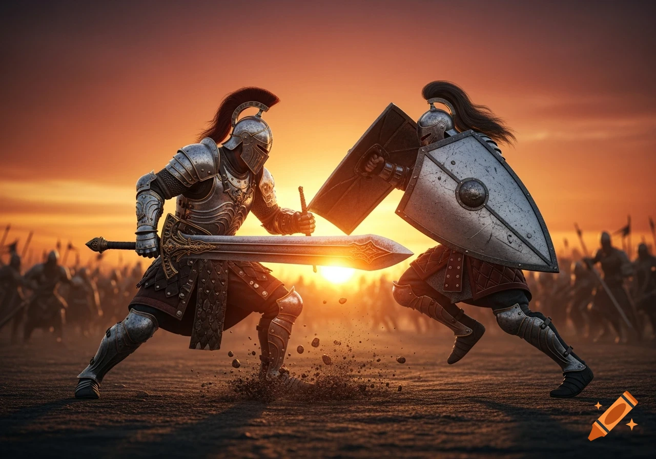 Two armored warriors clash swords on a dusty battlefield against an epic orange sunset, a battle raging in the background.