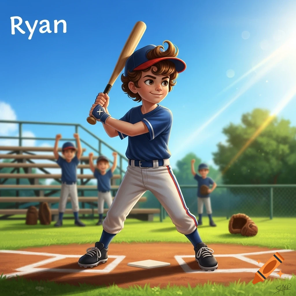 A stylized cartoon boy named Ryan, in a blue baseball uniform, holding a bat on a sunny baseball field with other kids in the background.