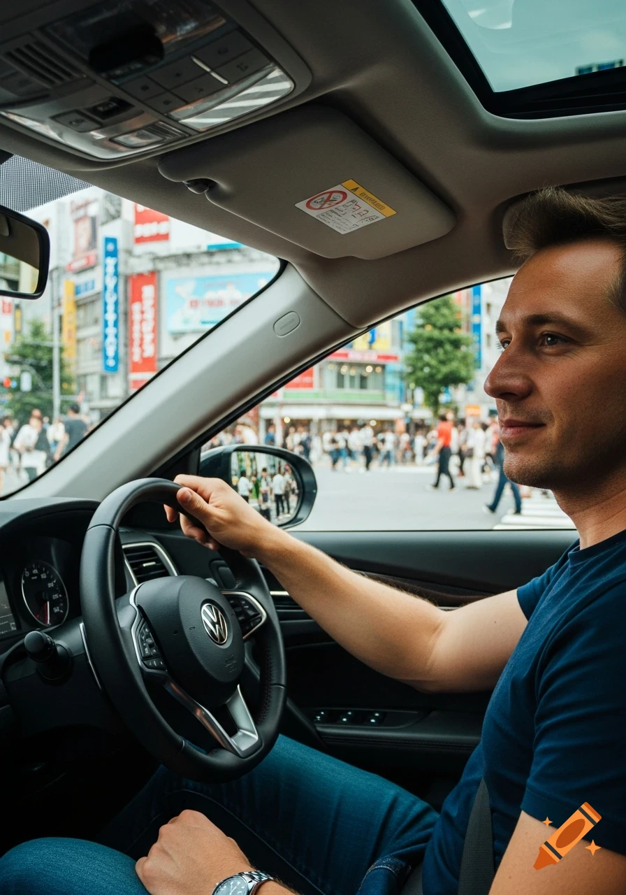 A photorealistic image of a European man driving a car on the right side of the road in a bustling Japanese city.