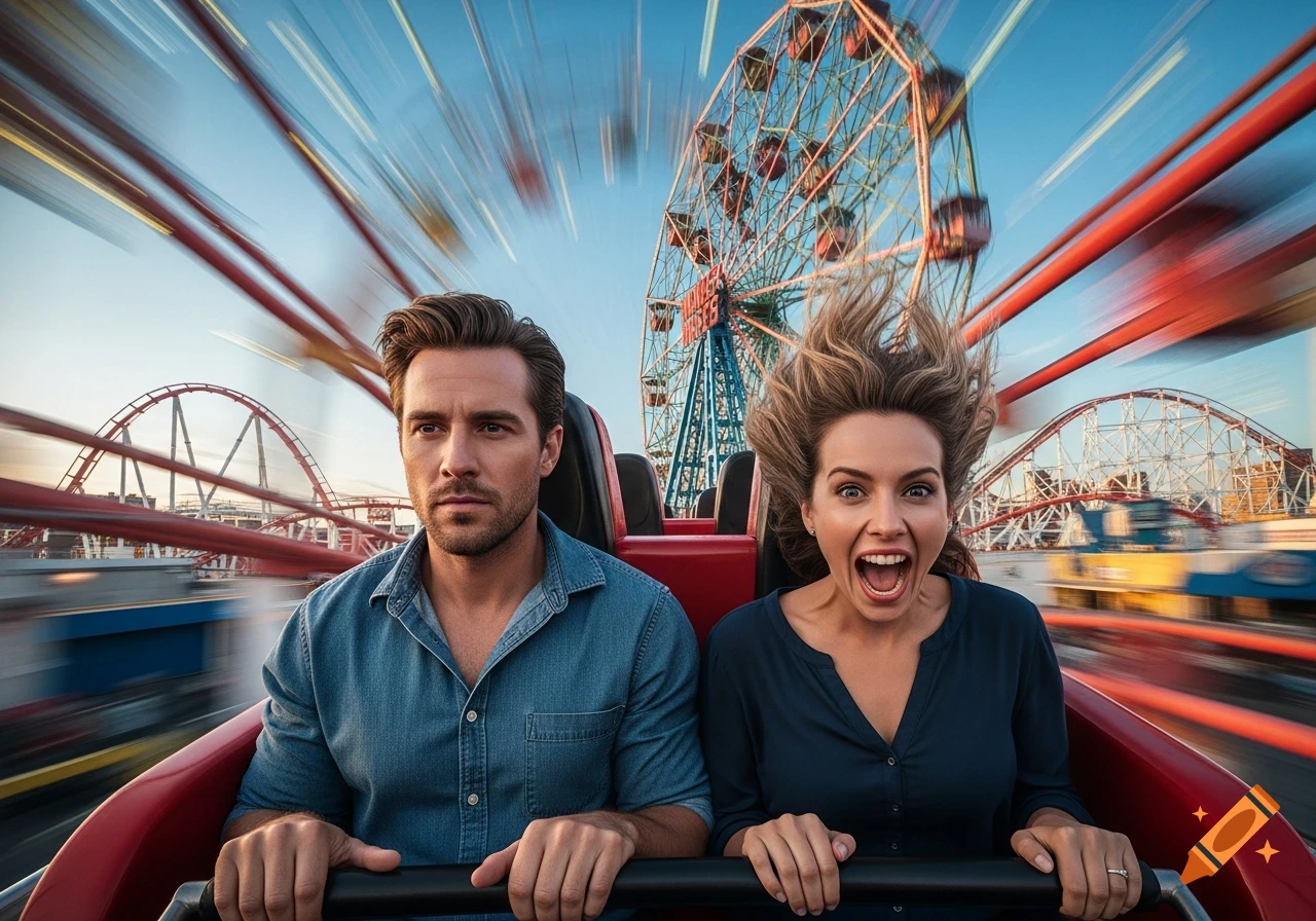 Photorealistic image of a man with an impassive face and a screaming woman on a fast-moving roller coaster in an amusement park.