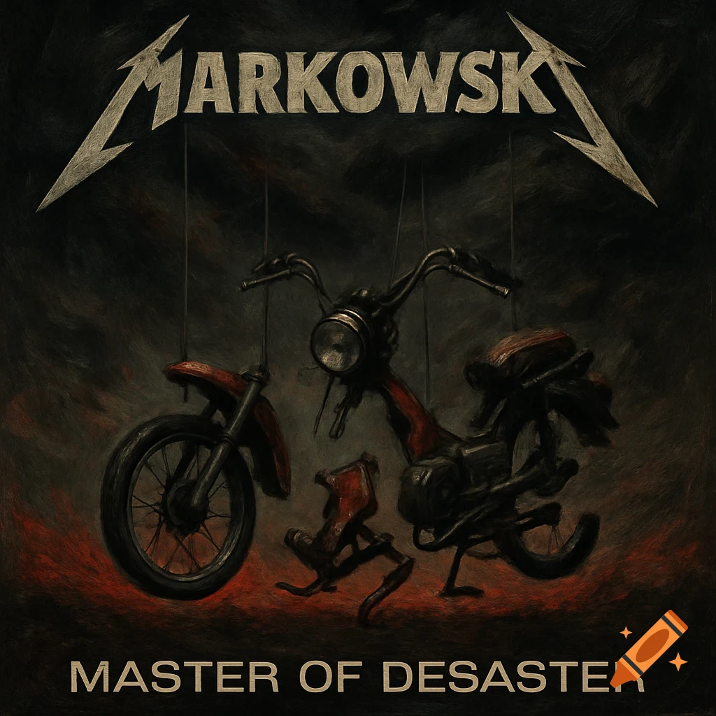 Dark oil painting album cover with a disassembled moped hanging by strings, text reads 'MARKOWSKI' and 'MASTER OF DESASTER'.