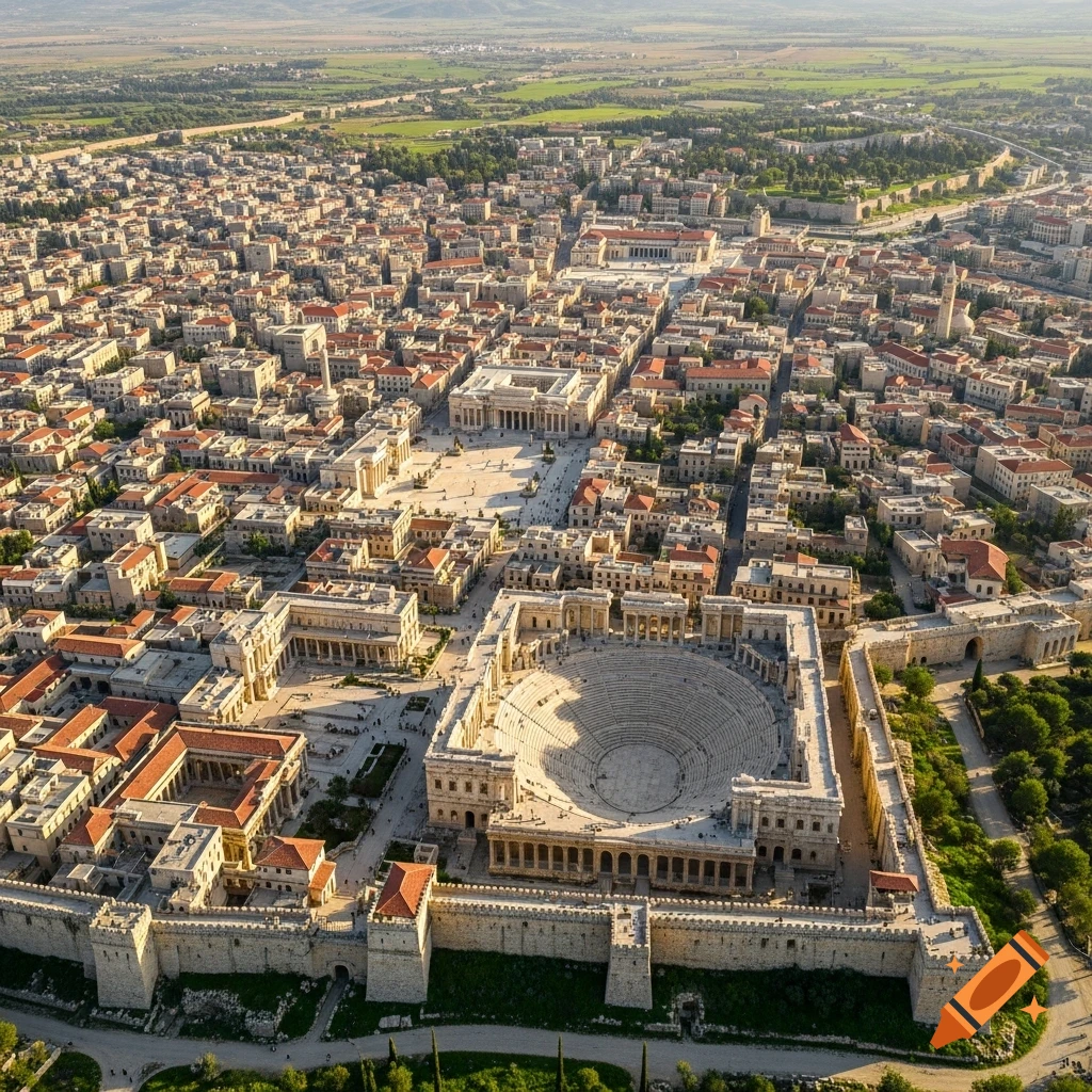 Aerial view of a sprawling ancient city with an amphitheater, surrounded by green fields.