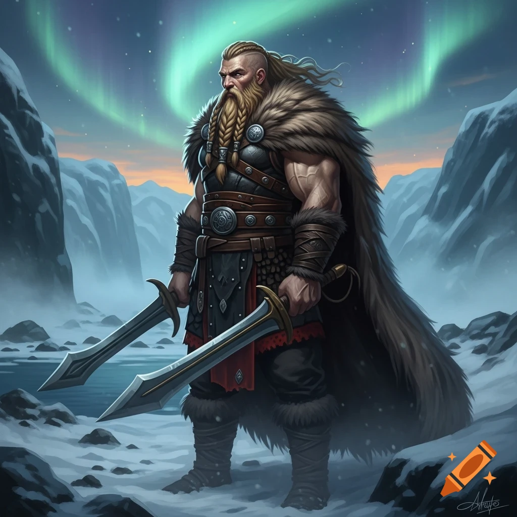 A heavily muscled Viking warrior with a braided beard and fur cape stands in a snowy, mountainous landscape under a green aurora, holding two swords.