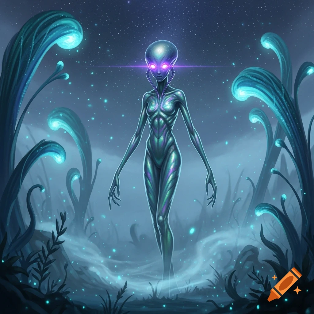 A slender, bioluminescent alien with glowing purple eyes stands amidst blue-glowing alien plants on a mystical planet under a starry night sky.