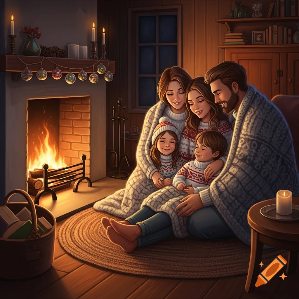 A cozy family of four, two adults and two children, wrapped in knit blankets by a warm, crackling fireplace in a dimly lit home decorated for the holidays.