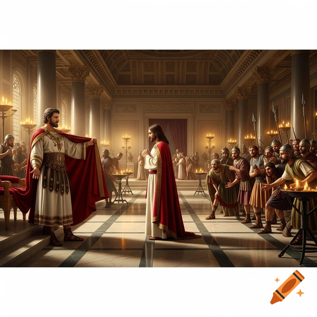 Jesus stands before Herod Antipas in a grand, marble-filled palace, surrounded by soldiers and servants, illuminated by many oil lamps.