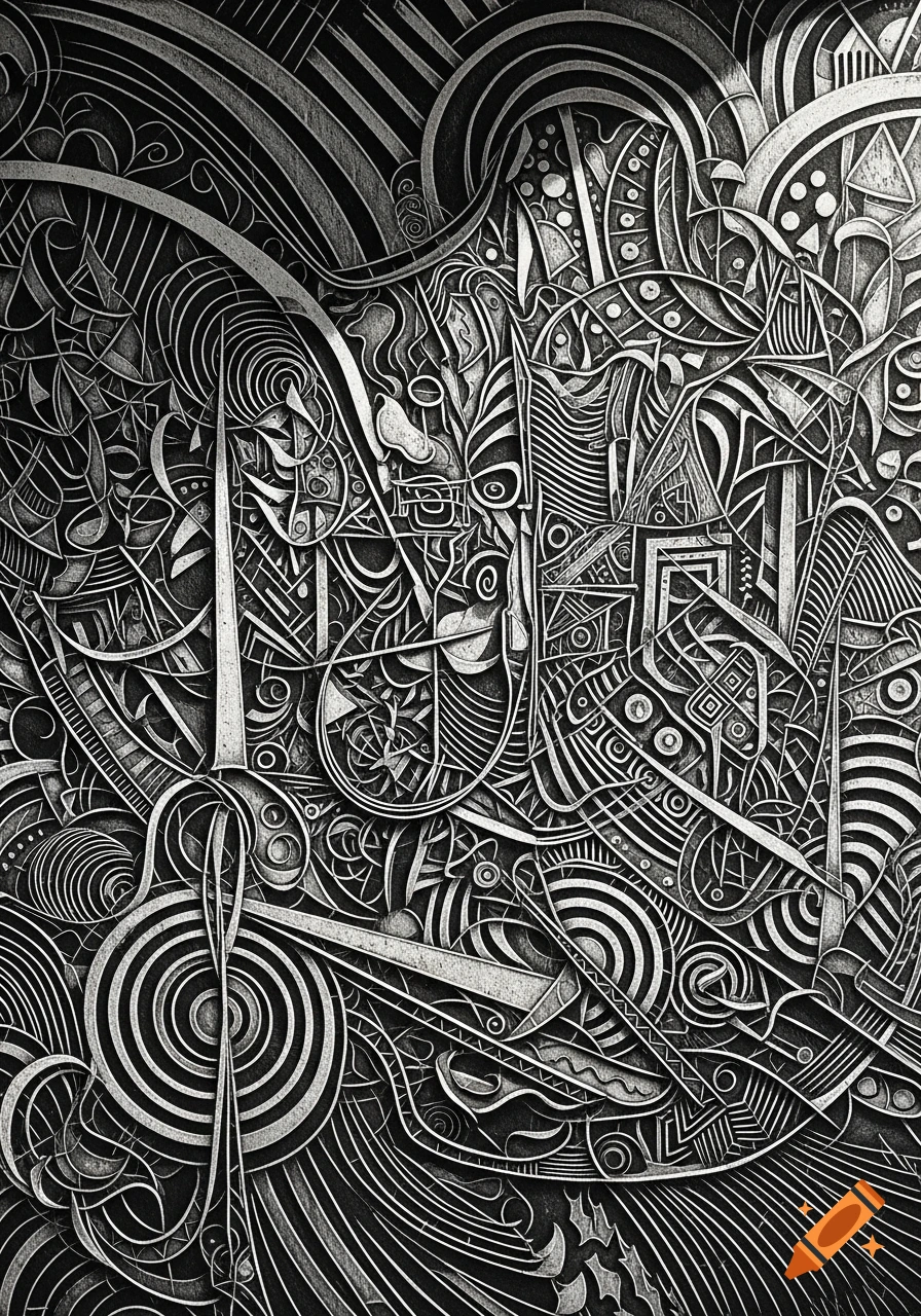 Intricate black and white abstract pattern resembling metallic engraving or intaglio printmaking with swirling lines and geometric shapes.