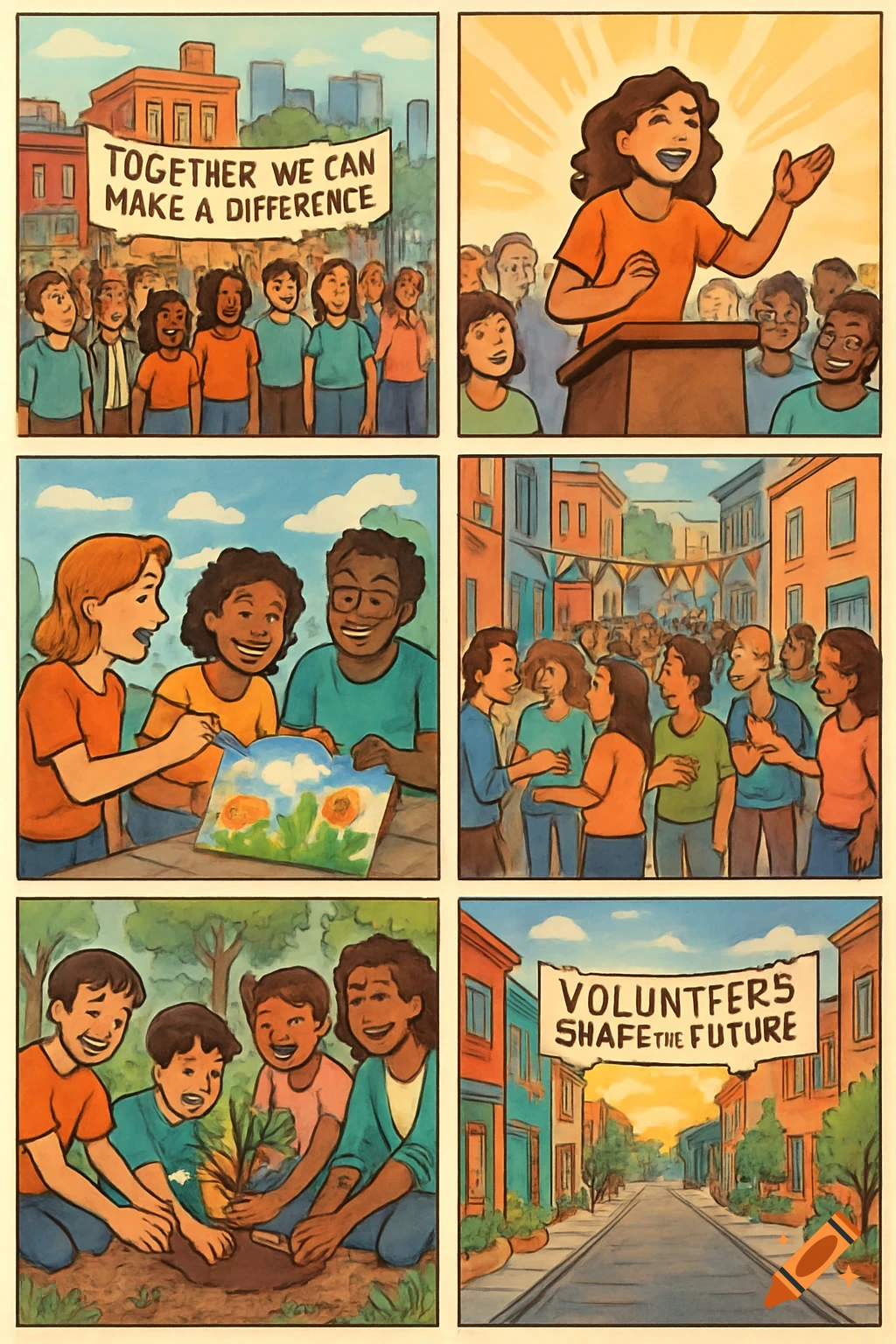 A 6-panel comic strip about community volunteering, showing people with signs, a speaker, painting, socializing, and planting trees.