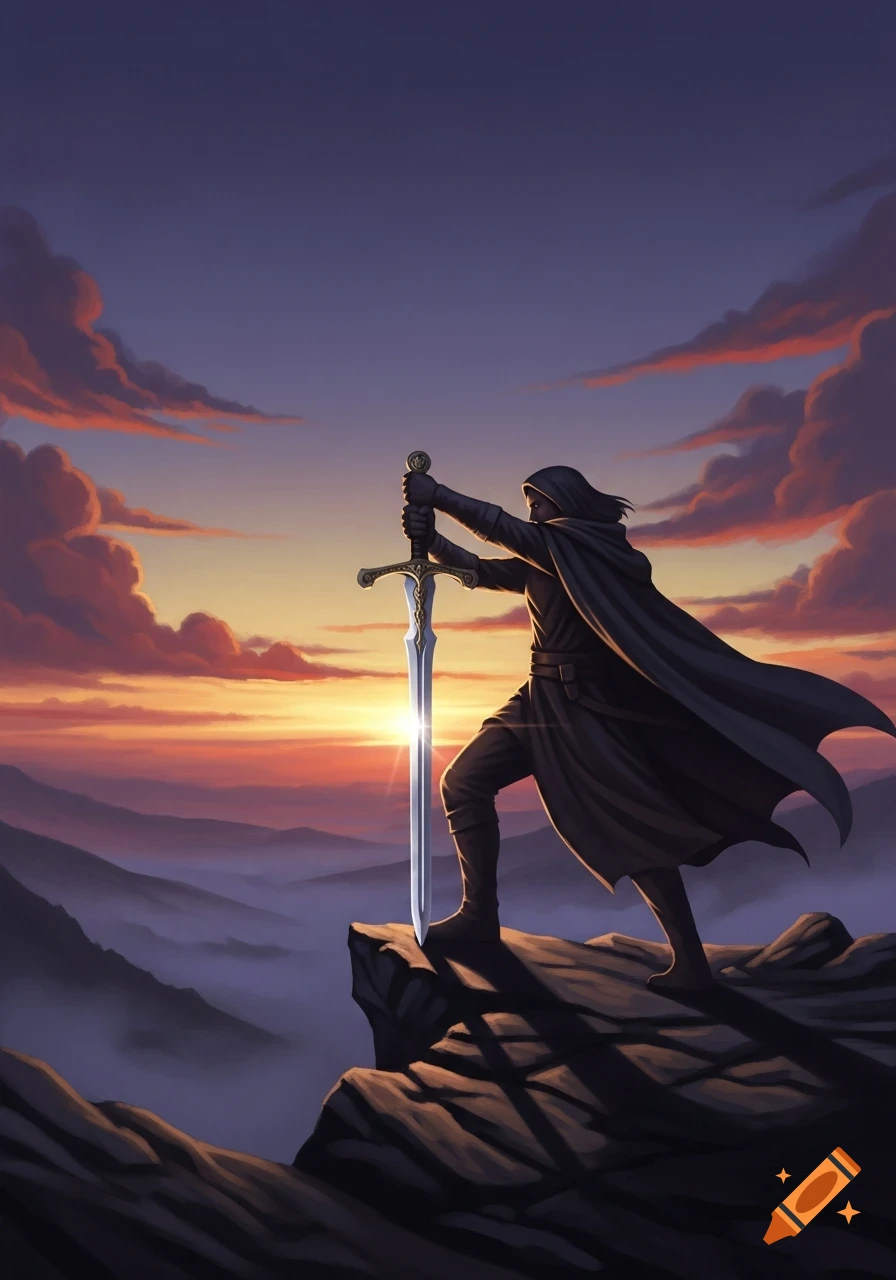 A cloaked figure holds a shining sword on a mountain peak against a dramatic sunset and misty landscape.