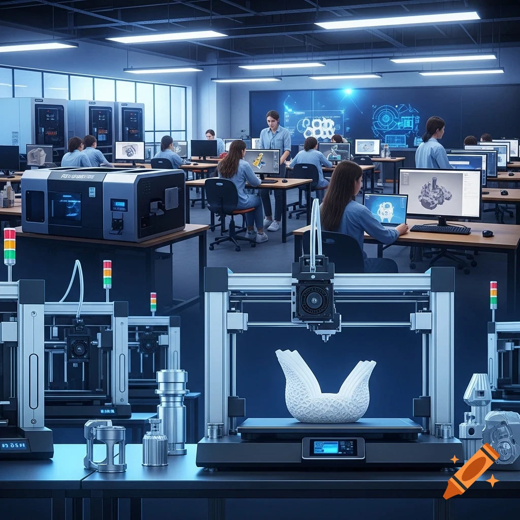 A futuristic 3D printing lab with students working at computers and several 3D printers creating objects, one in the foreground forming a white decorative piece.
