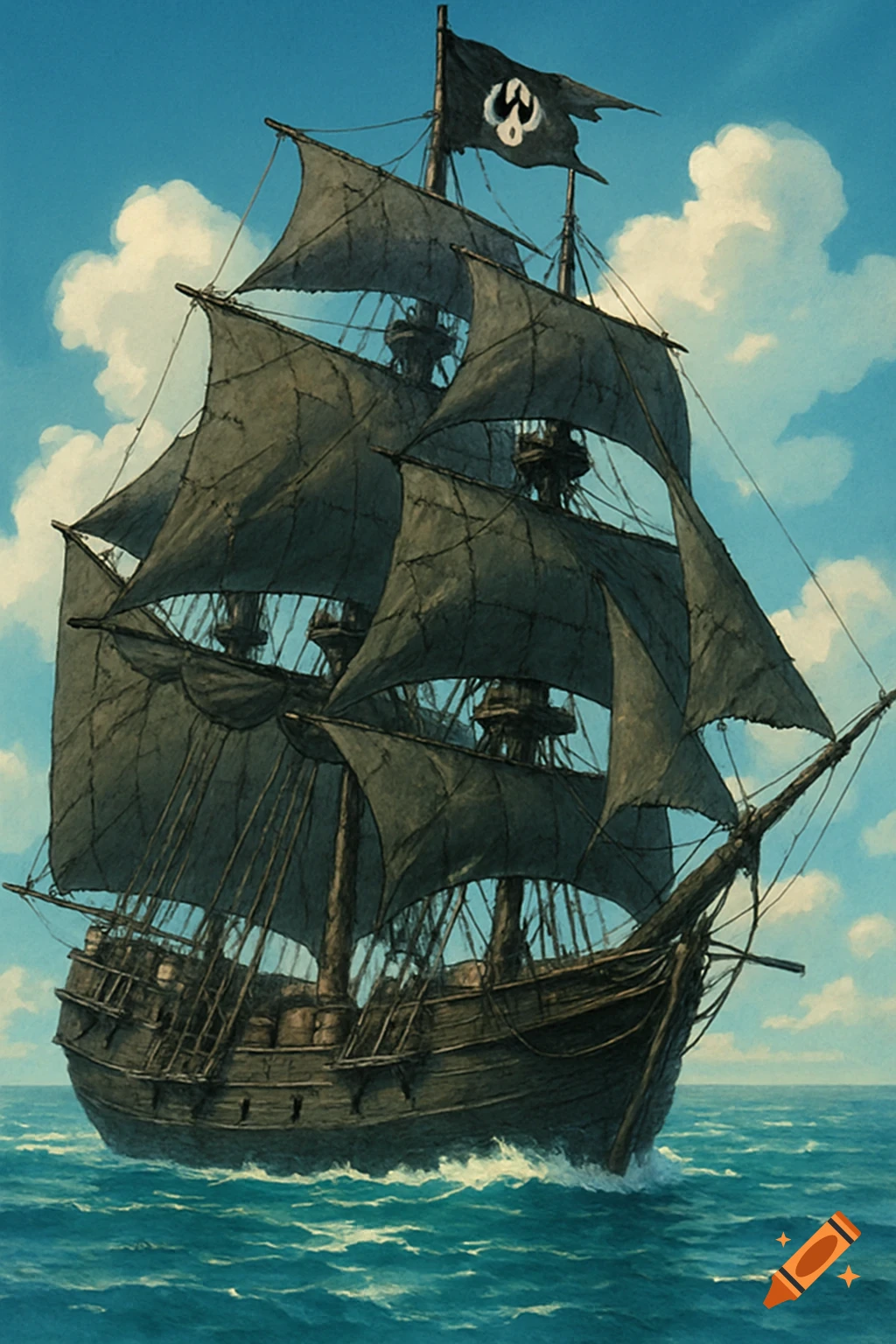 A dark, weathered two-masted brigantine with black sails and a white emblem on its flag sails across a blue, wavy ocean under a cloudy sky. Painterly style.
