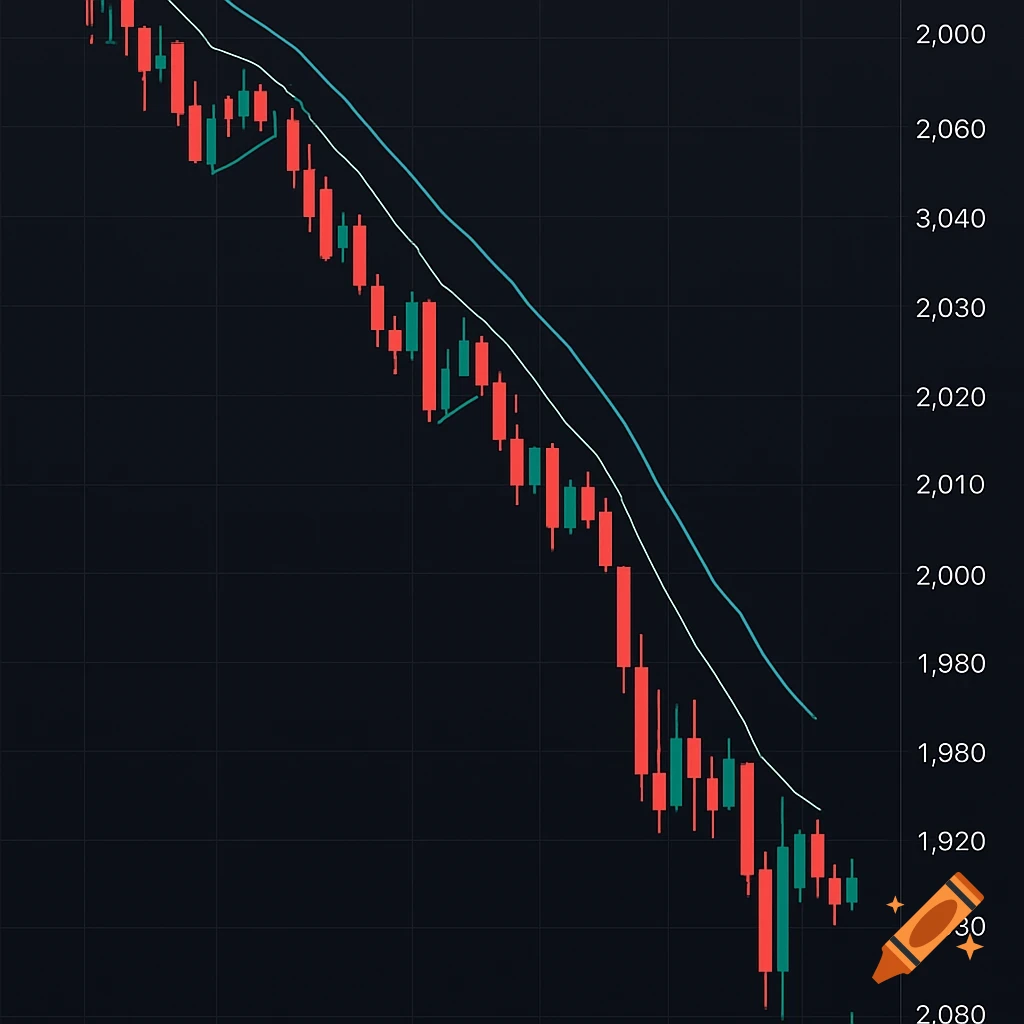 A dark trading view style financial candlestick chart depicting a strong bearish trend with red candles and downward-sloping moving averages.