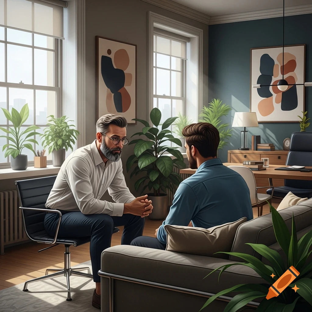 A bearded therapist with glasses sits opposite a male patient on a sofa in a modern office with plants and art.