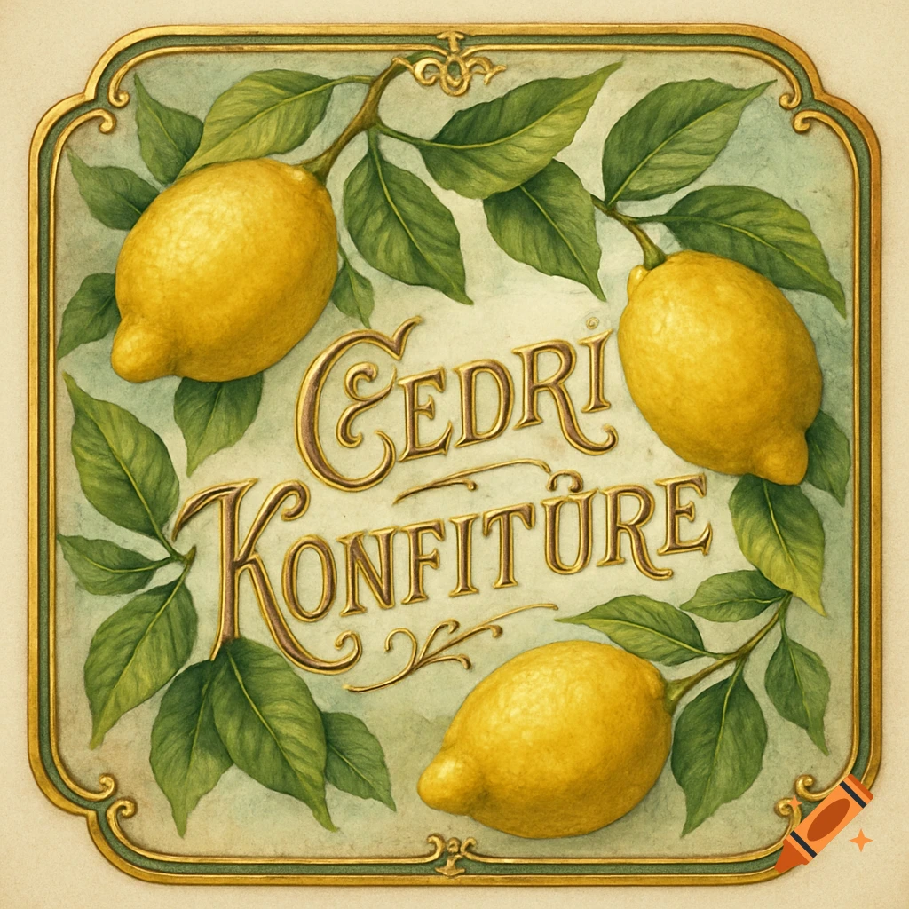 A vintage-style decorative label with three lemons and green leaves, featuring the text "CEDRI KONFITÜRE".